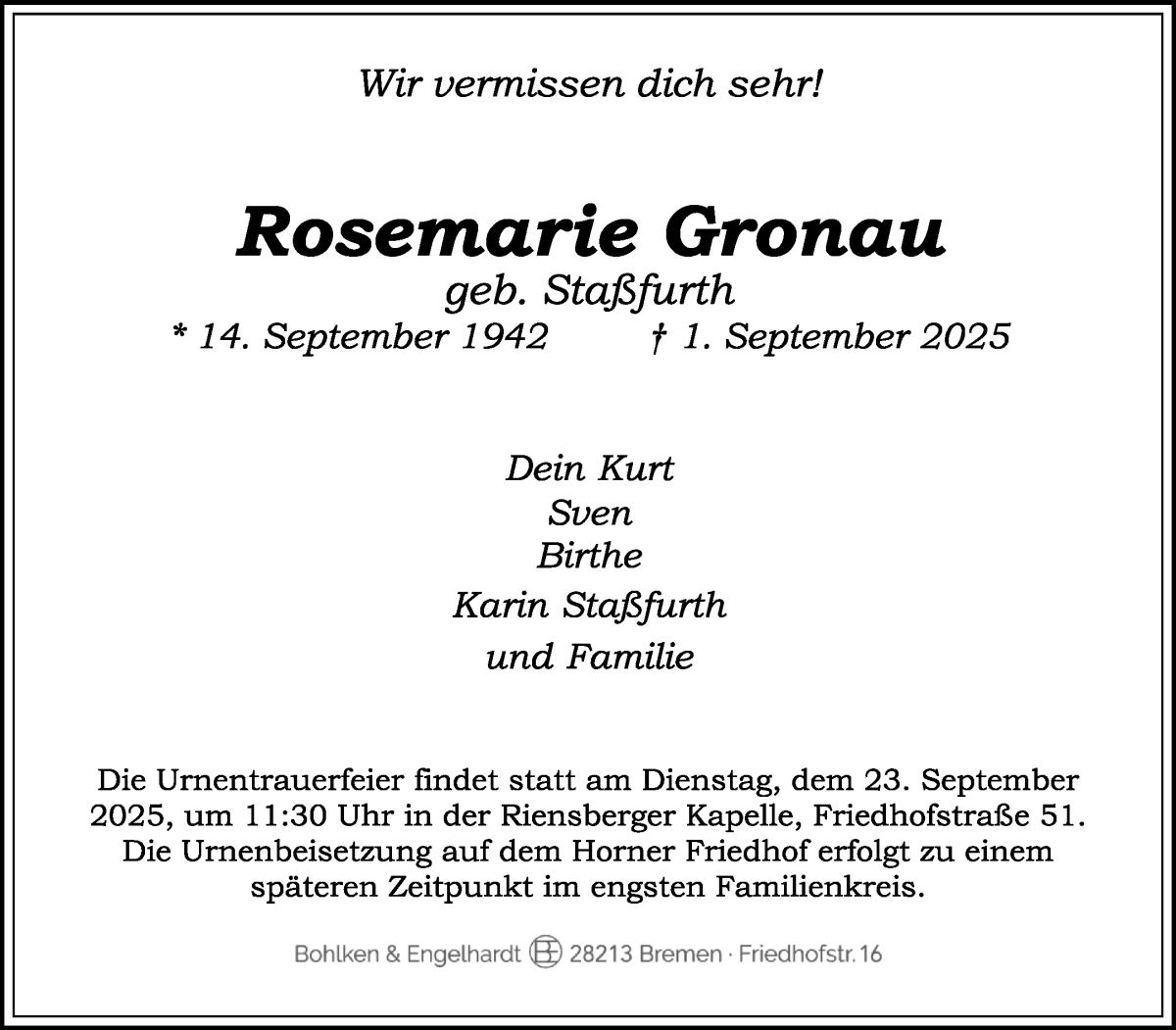 Traueranzeige von Rosemarie Gronau von WESER-KURIER