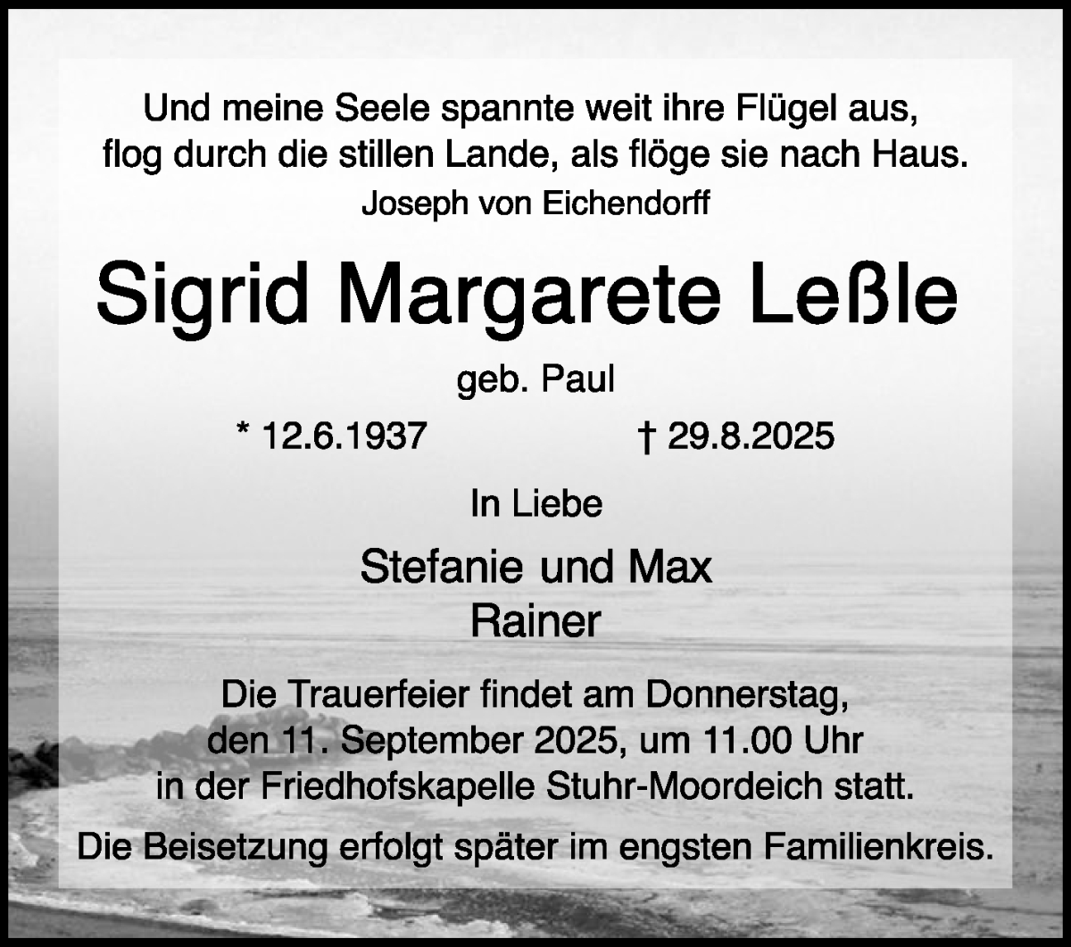  Traueranzeige für Sigrid Margarete Leßle vom 06.09.2025 aus WESER-KURIER