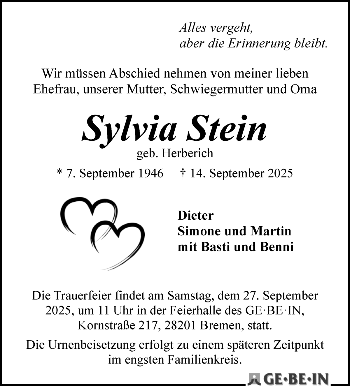 Traueranzeige von Sylvia Stein von WESER-KURIER