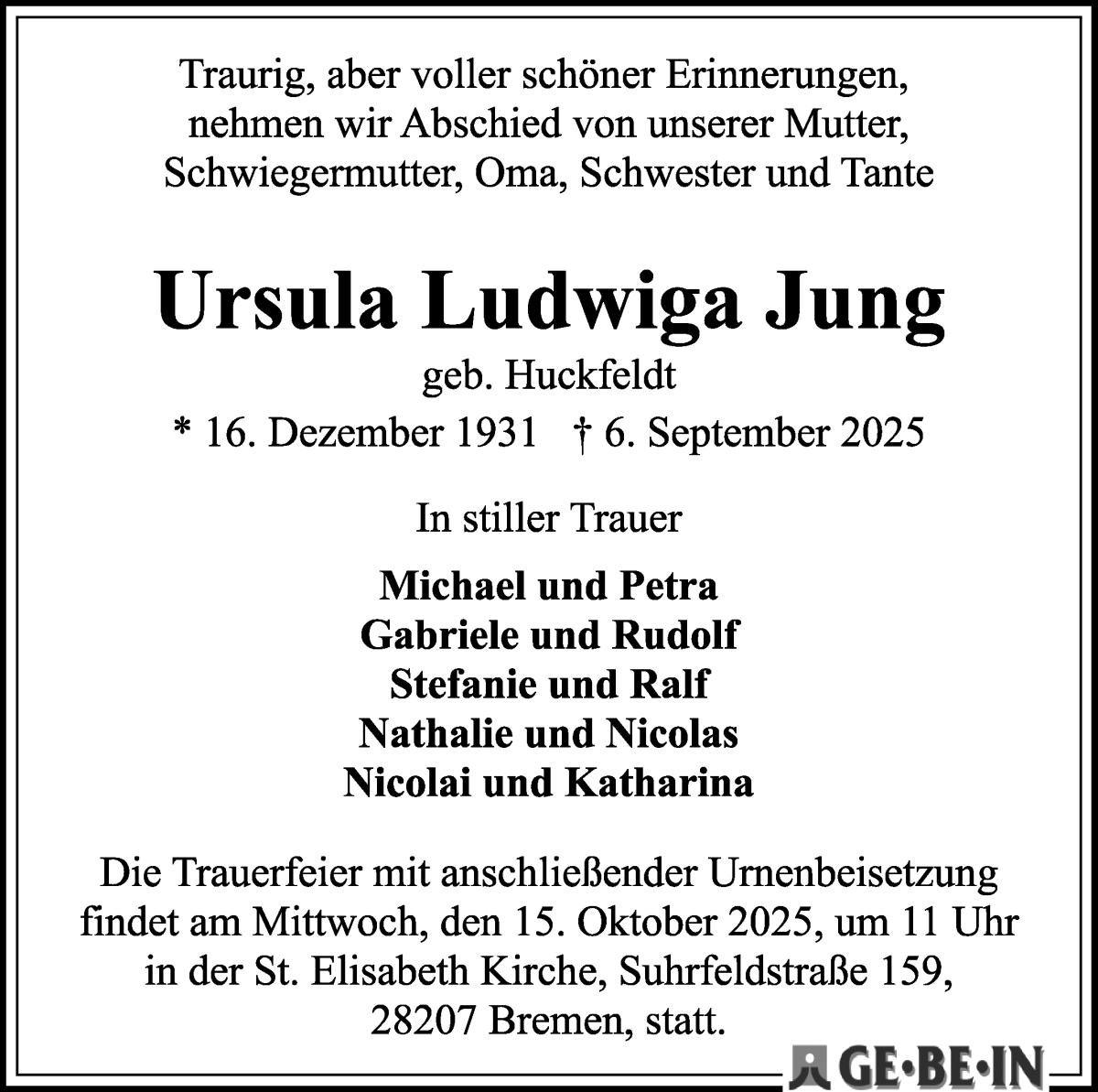 Traueranzeige von Ursula Ludwinga Jung von WESER-KURIER