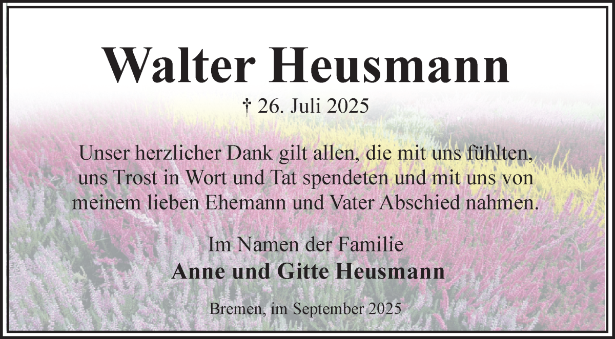 Traueranzeige von Walter Heusmann von WESER-KURIER
