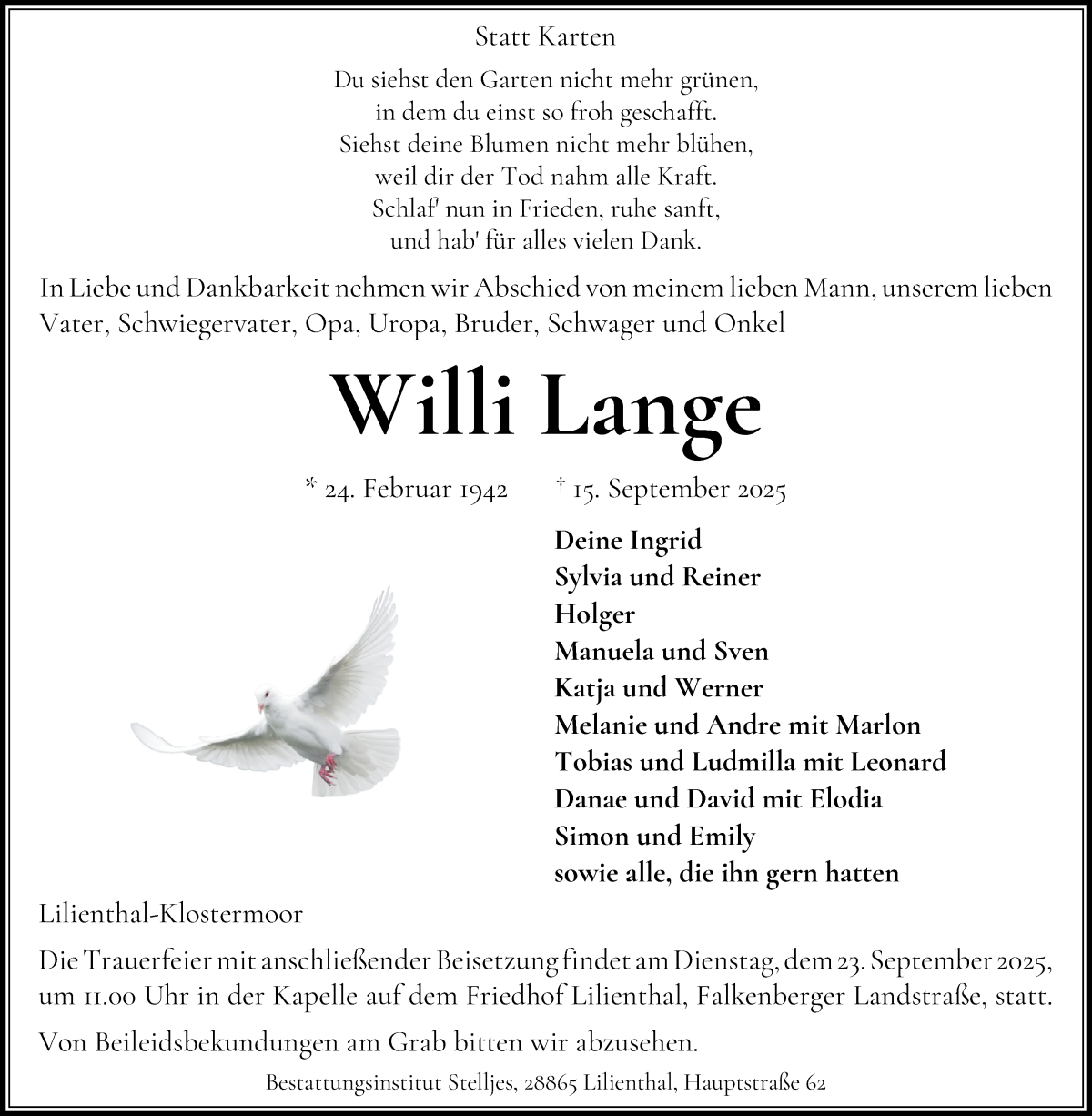  Traueranzeige für Willi Lange vom 20.09.2025 aus Wuemme Zeitung