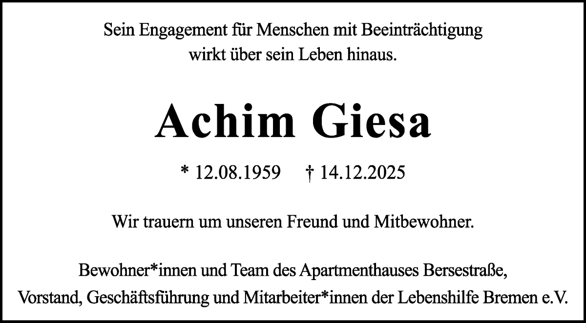 Traueranzeige von Achim Giesa von WESER-KURIER