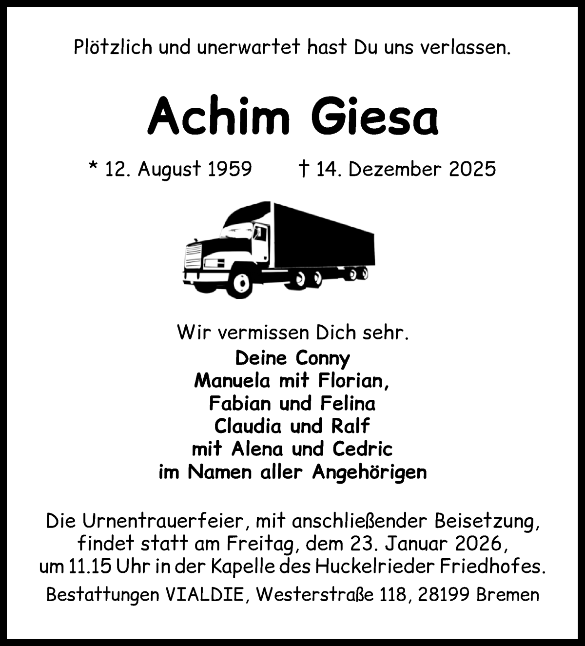 Traueranzeige von Achim Giesa von WESER-KURIER