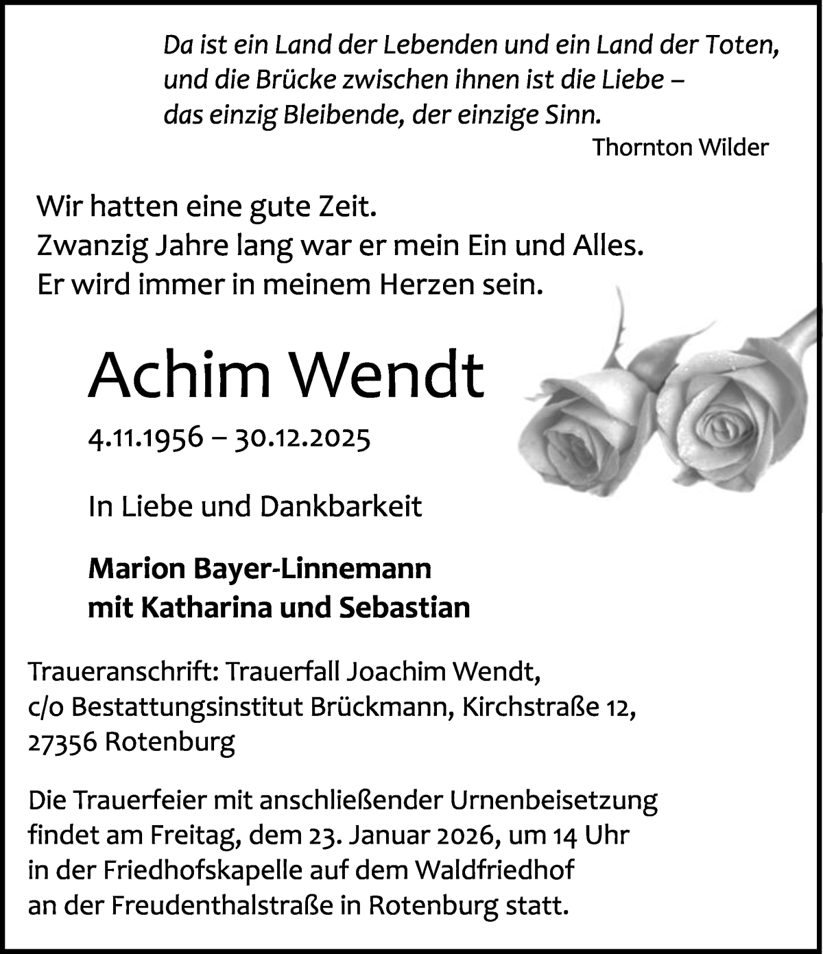 Traueranzeige von Achim Wendt von WESER-KURIER