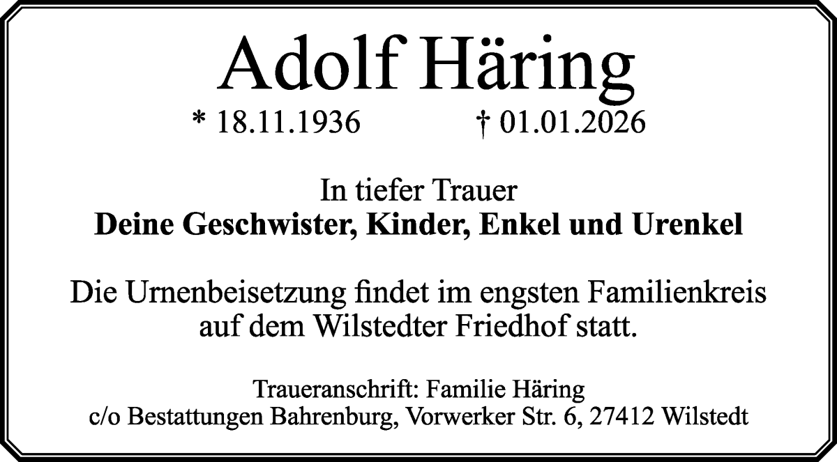 Traueranzeige von Adolf Häring von Wuemme Zeitung