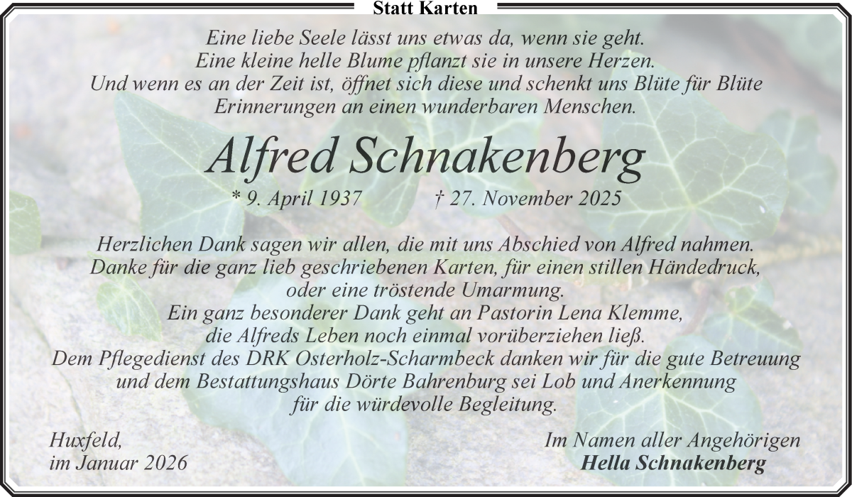 Traueranzeige von Alfred Schnakenberg von Wuemme Zeitung