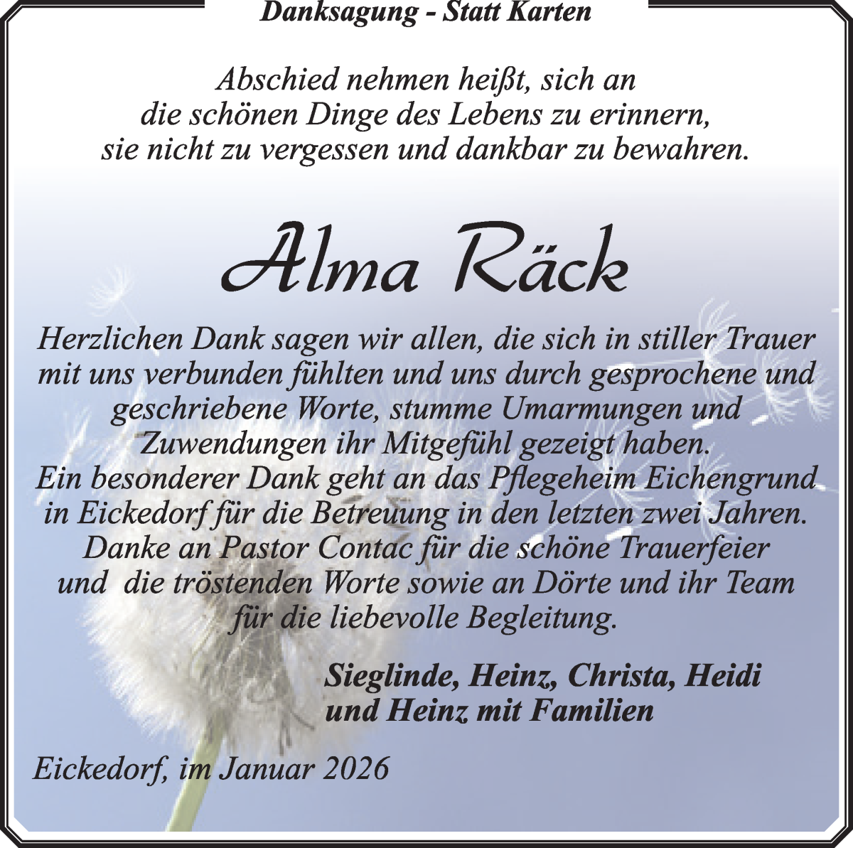 Traueranzeige von Alma Idck von Wuemme Zeitung