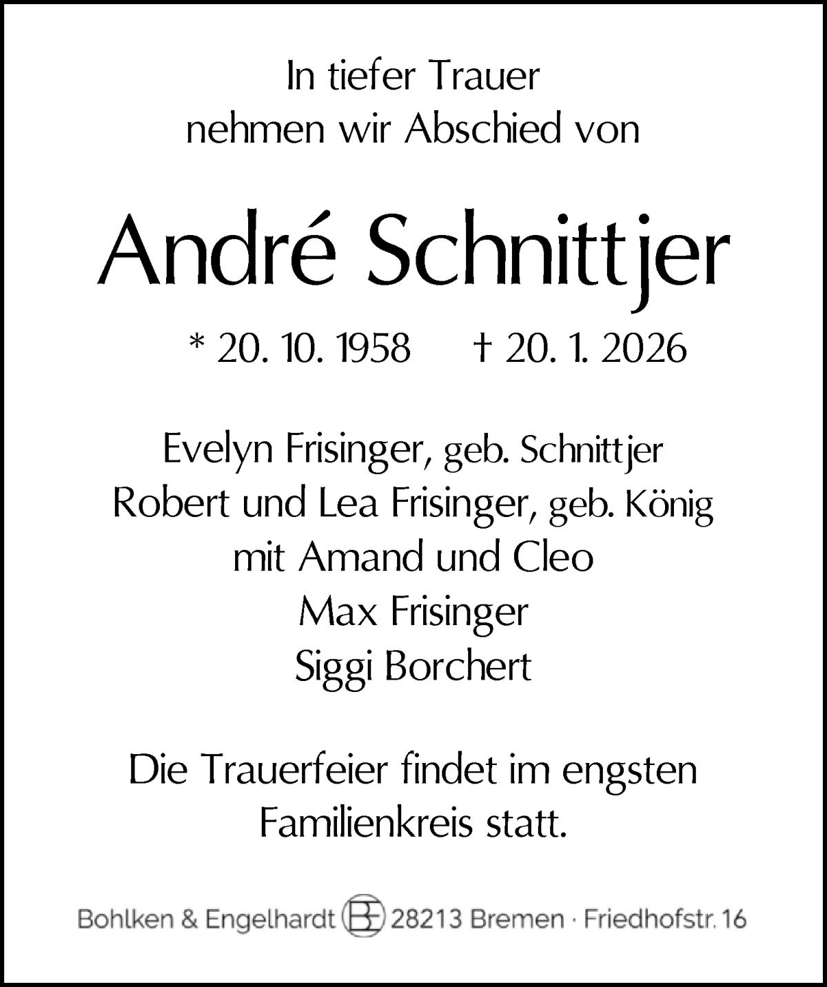 Traueranzeige von André Schnittjer von WESER-KURIER