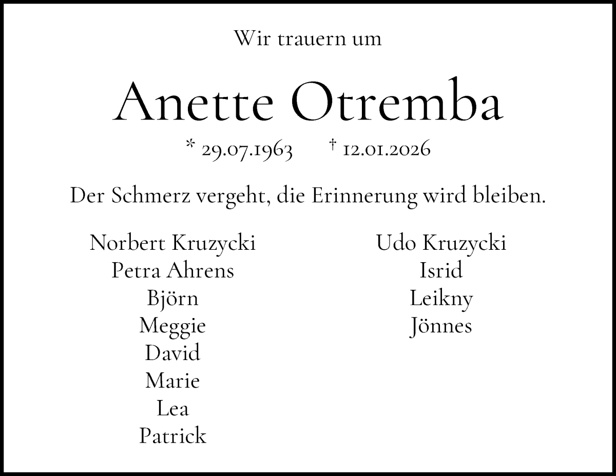 Traueranzeige von Anette Otremba von WESER-KURIER