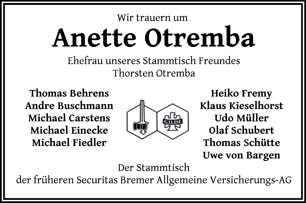 Traueranzeige von Anette Otremba von WESER-KURIER