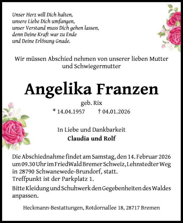Traueranzeige von Angelika Franzen von WESER-KURIER