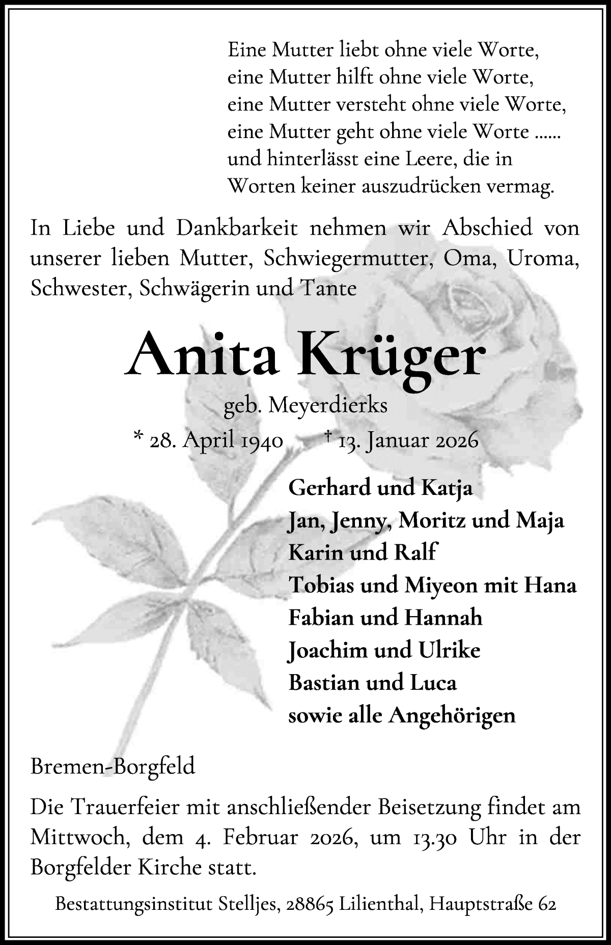 Traueranzeige von Anita Krüger von Wuemme Zeitung