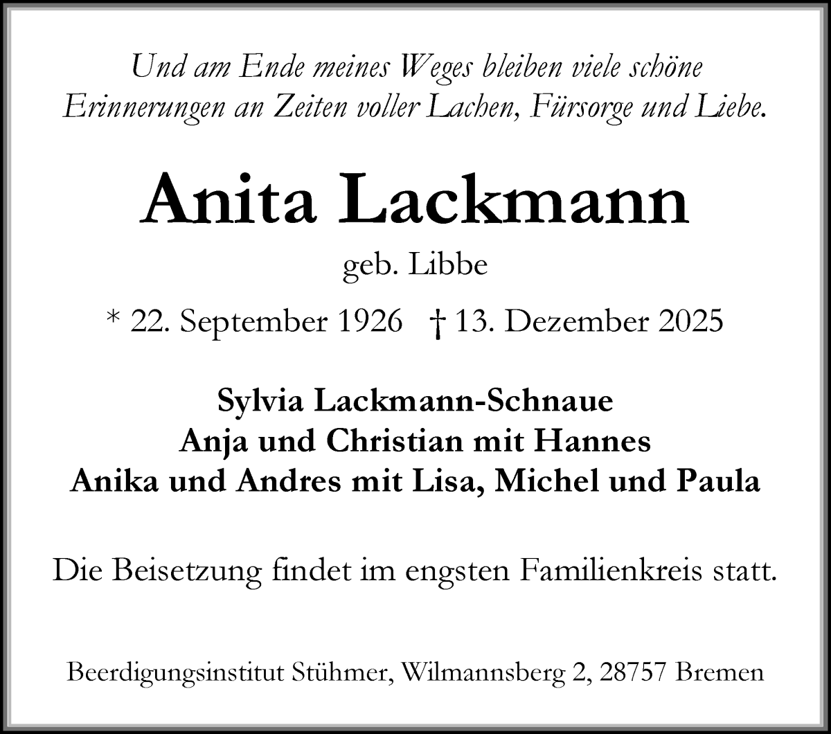 Traueranzeige von Anita Lackmann von WESER-KURIER