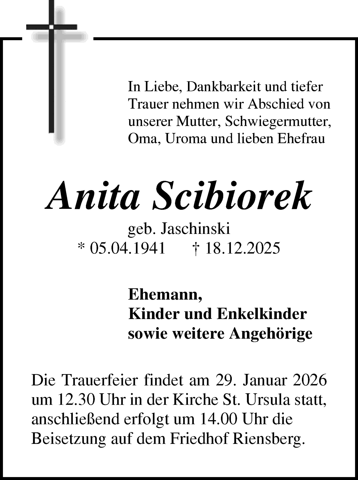  Traueranzeige für Anita Scibiorek vom 26.01.2026 aus WESER-KURIER