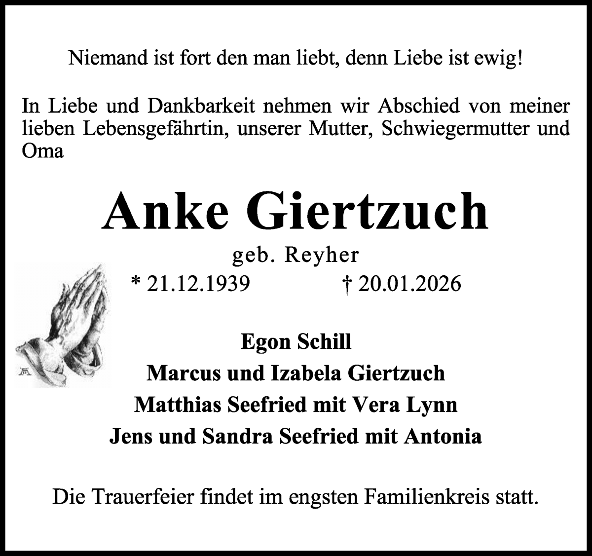 Traueranzeige von Anke Giertzuch von Regionale Rundschau/Syker Kurier