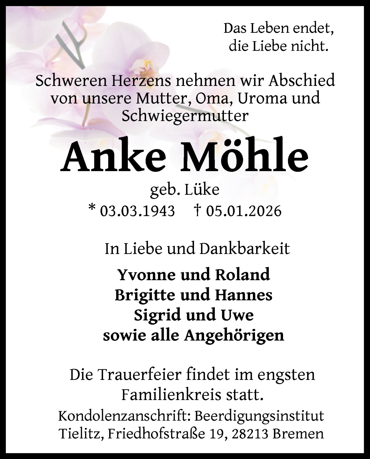 Traueranzeige von Anke Möhle von WESER-KURIER