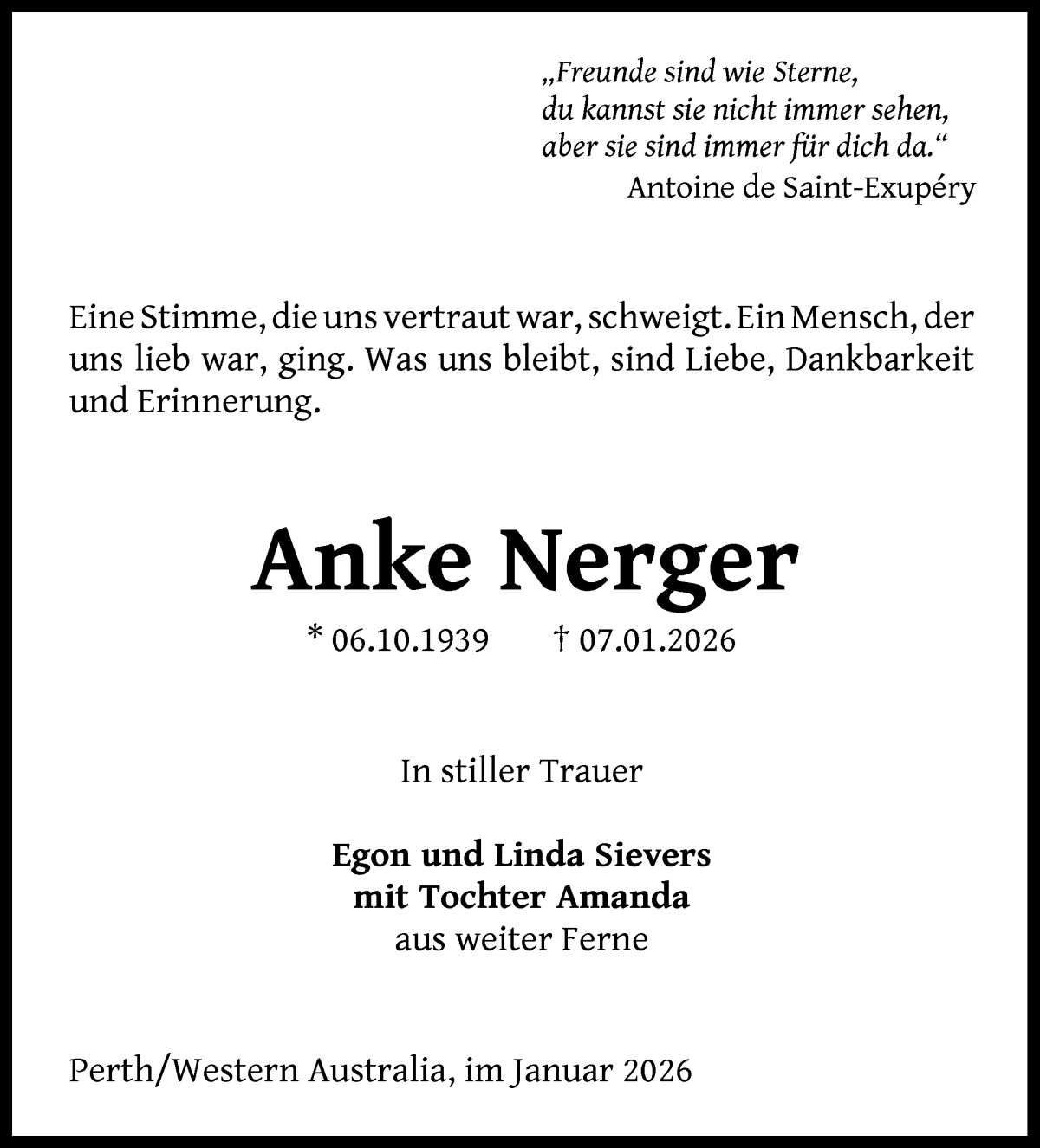 Traueranzeige von Anke Nerger von Die Norddeutsche
