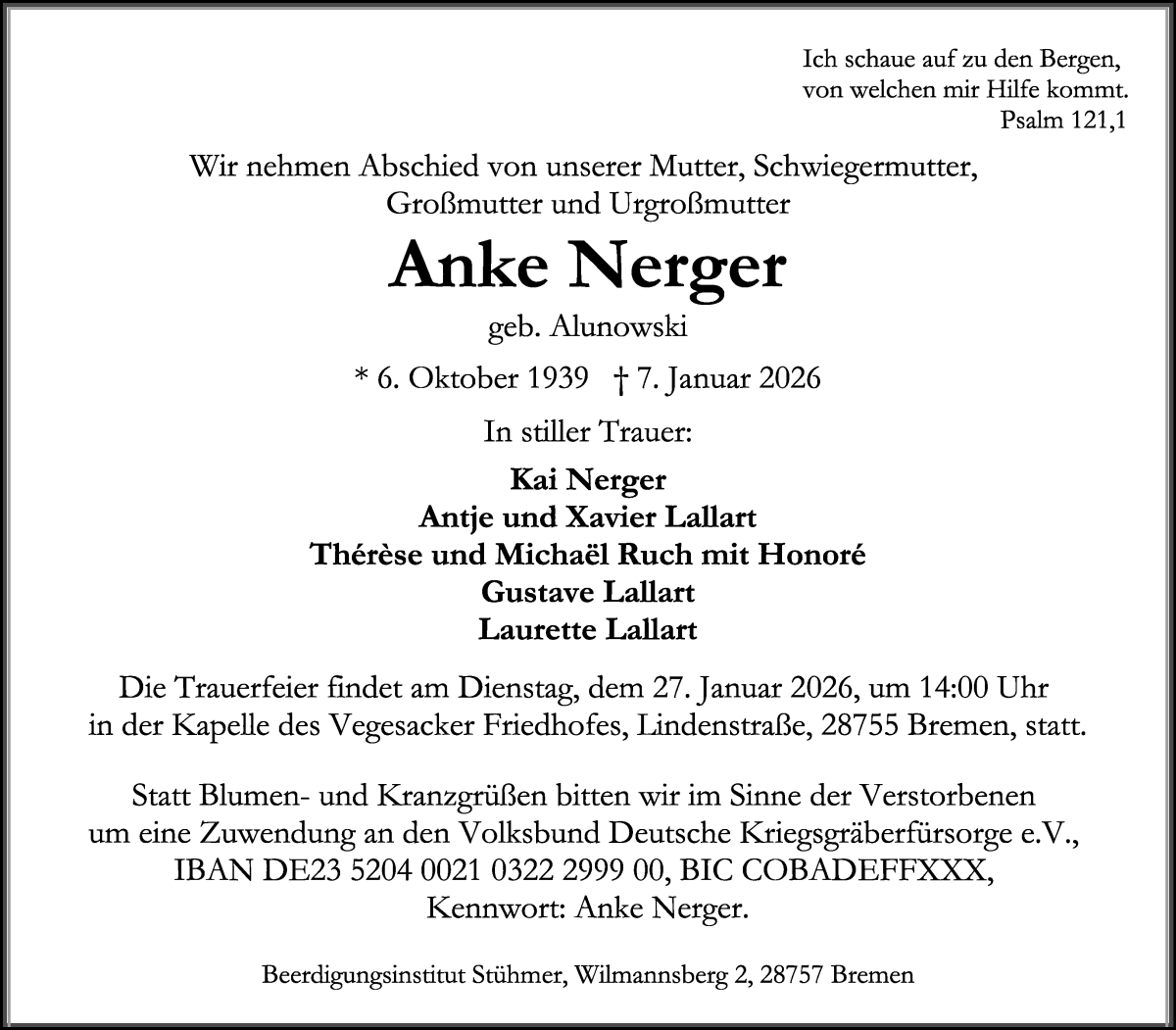 Traueranzeige von Anke Nerger von Die Norddeutsche