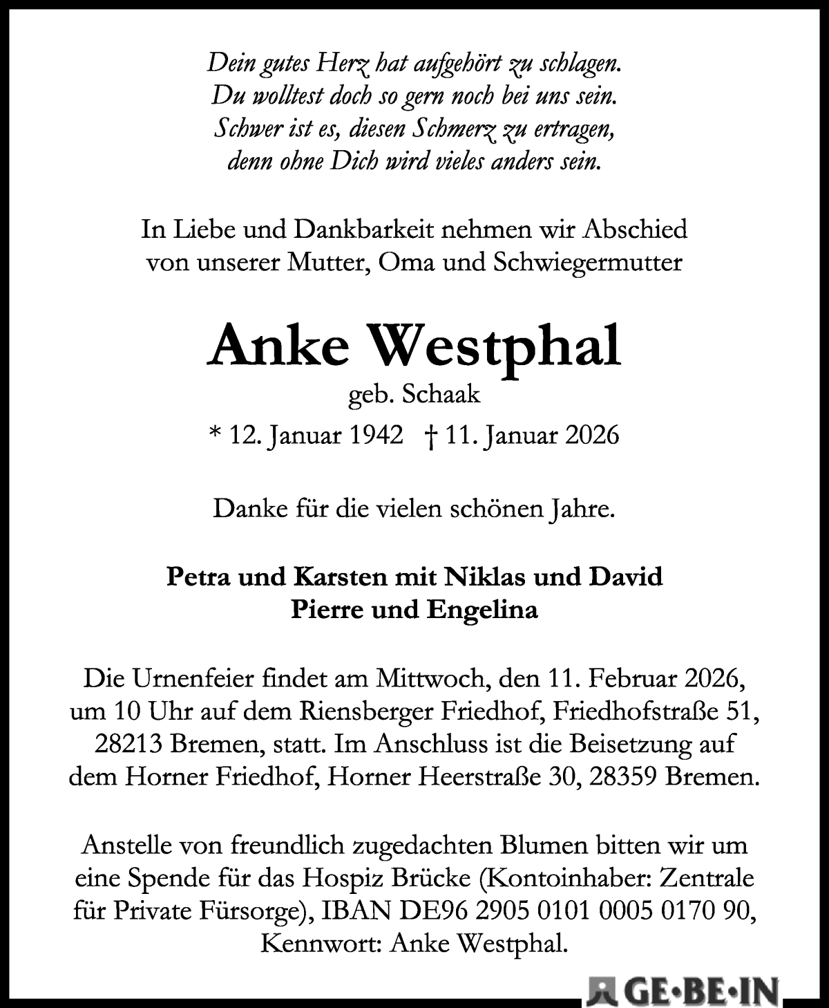 Traueranzeige von Anke Westphal von WESER-KURIER