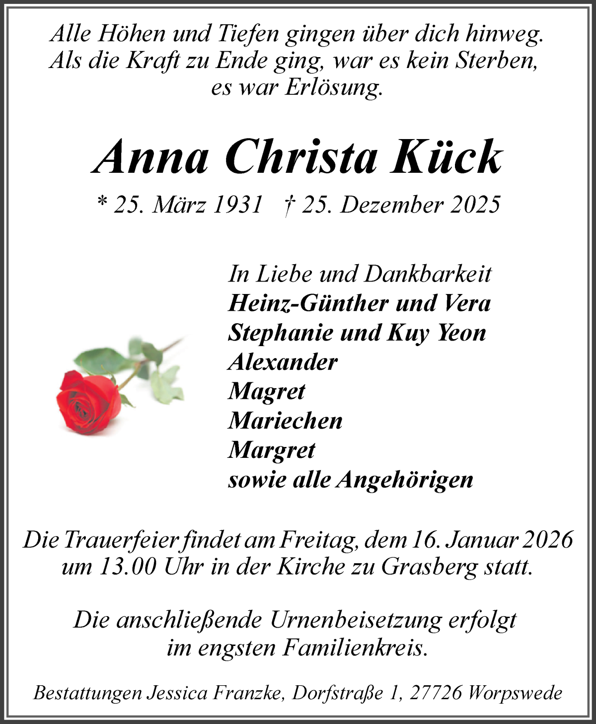 Traueranzeige von Anna Christa Kück von Wuemme Zeitung