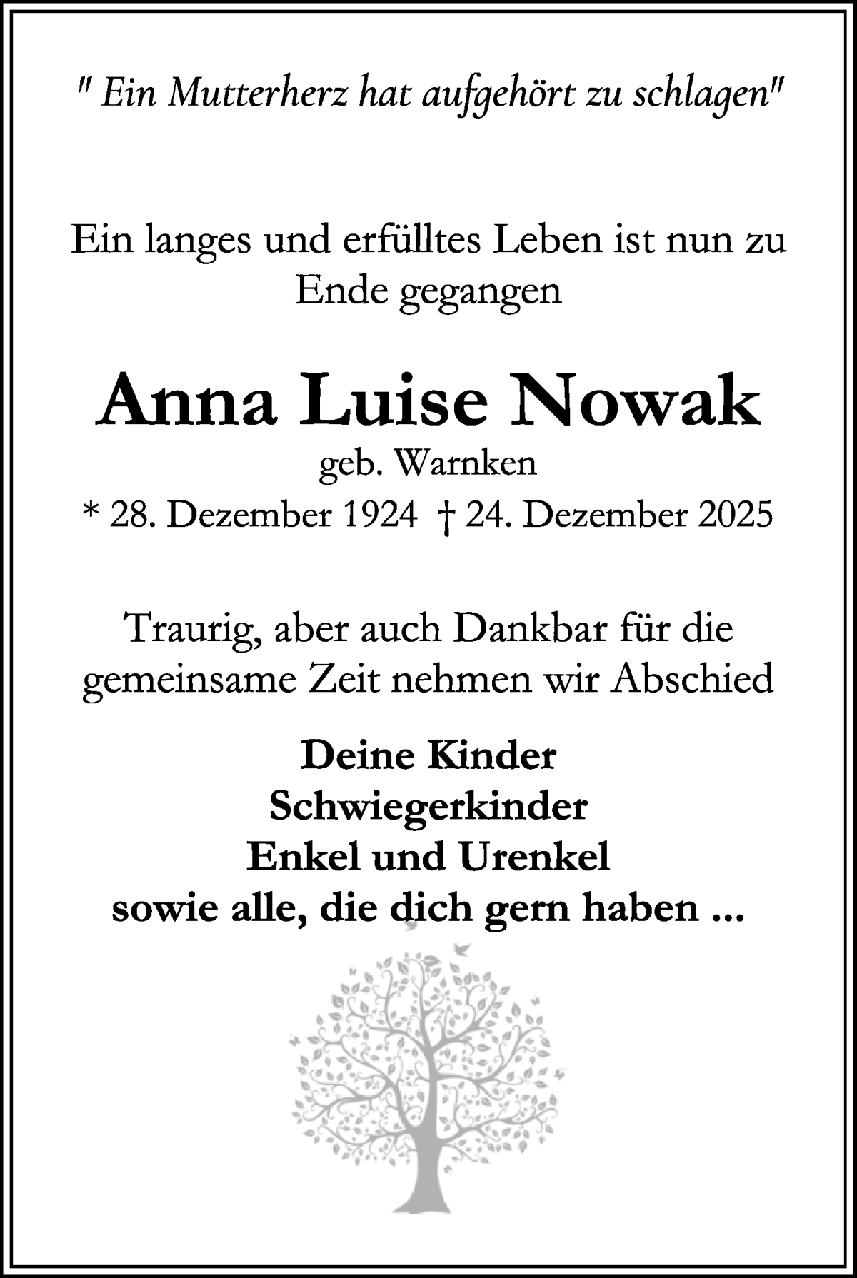 Traueranzeige von Anna Luise Nowak von WESER-KURIER