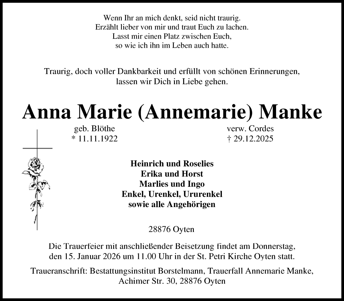 Traueranzeige von Anna Marie Manke von Achimer Kurier/Verdener Nachrichten