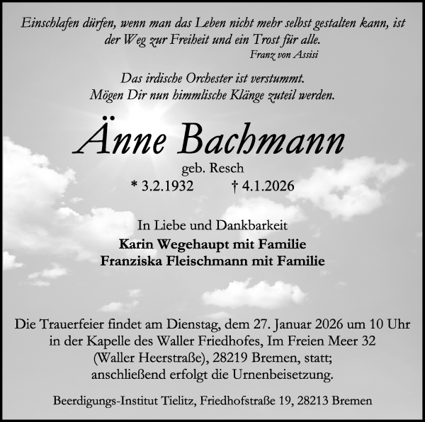 Traueranzeige von Änne Bachmann von WESER-KURIER