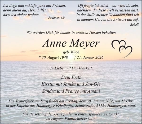 Traueranzeige von Anne Meyer von Osterholzer Kreisblatt