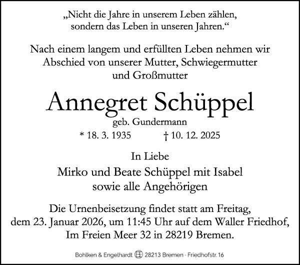 Traueranzeige von Annegret Schüppel von WESER-KURIER