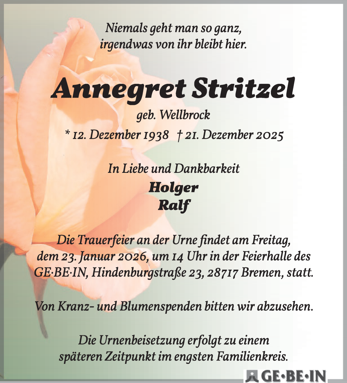 Traueranzeige von Annegret Stritzel von WESER-KURIER