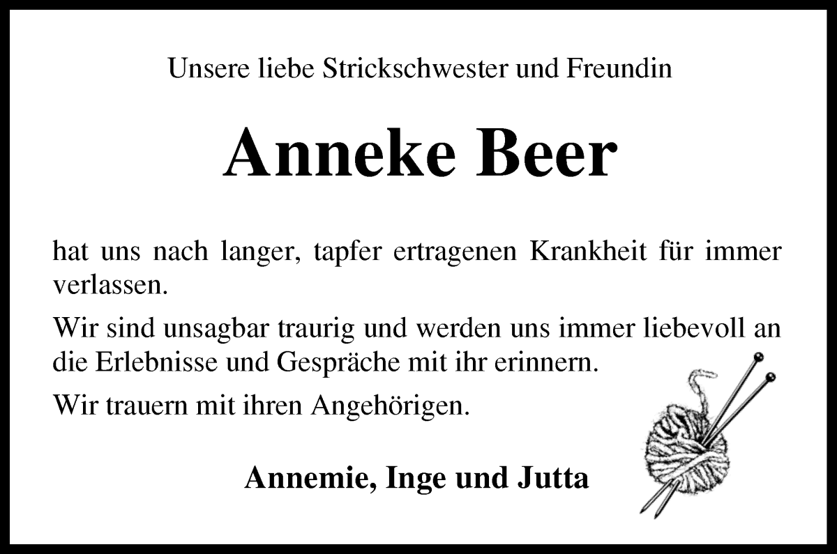 Traueranzeige von Anneke Beer von Osterholzer Kreisblatt