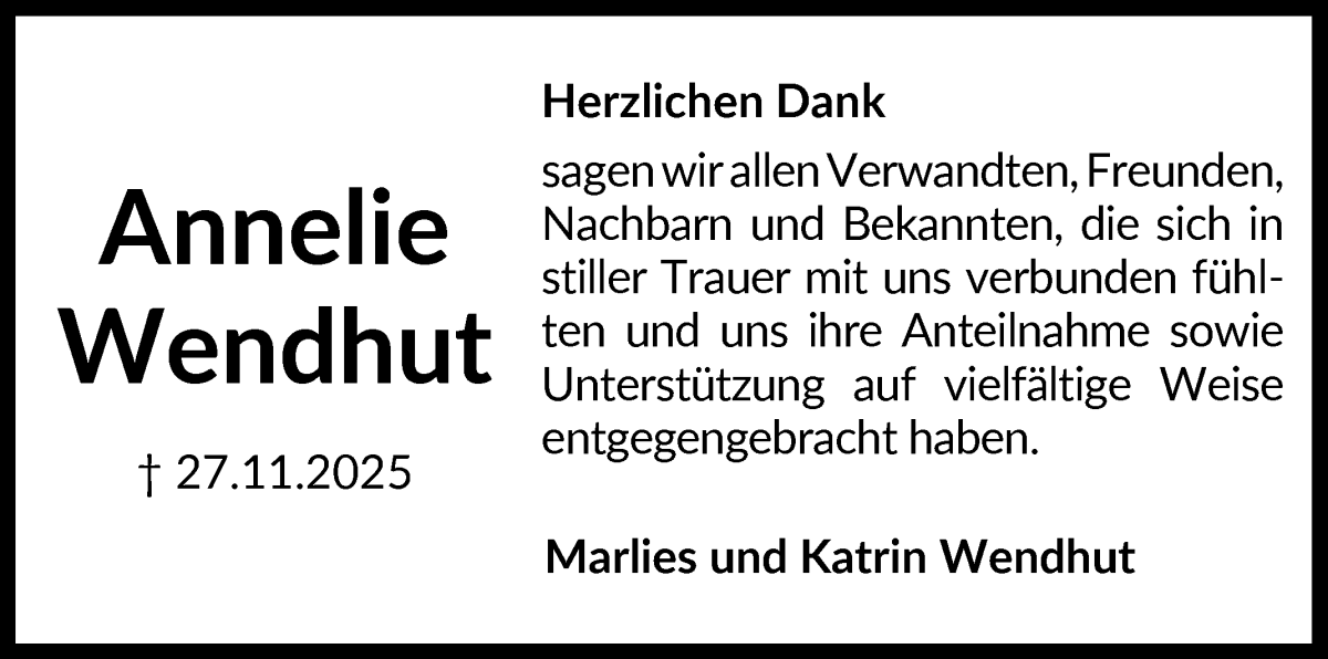 Traueranzeige von Annelie Wendhut von Die Norddeutsche