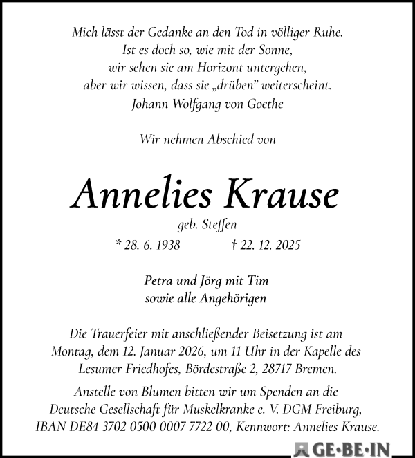 Traueranzeige von Annelies Krause von WESER-KURIER