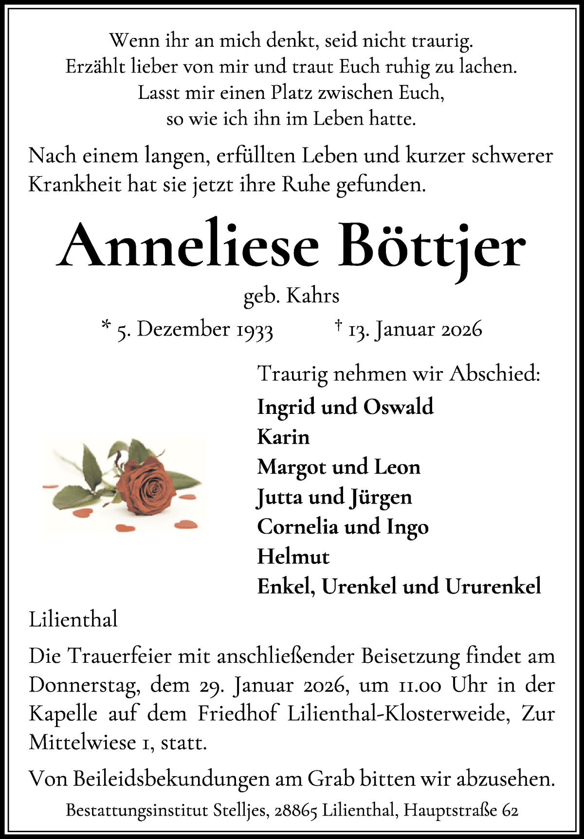 Traueranzeige von Anneliese Böttjer von Wuemme Zeitung