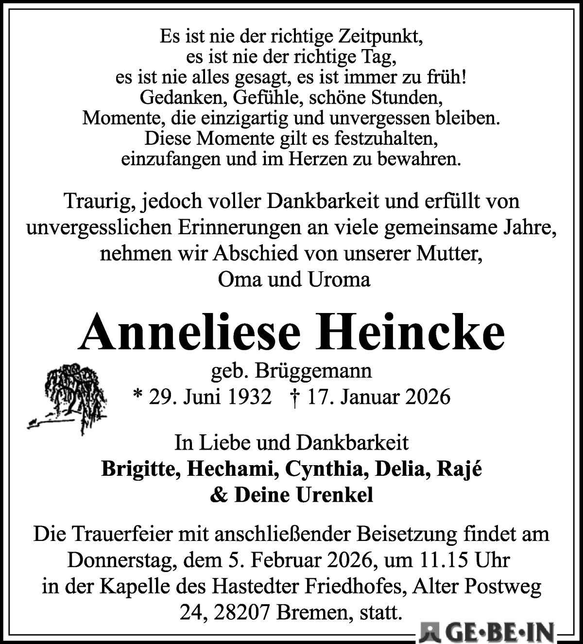 Traueranzeige von Anneliese Heincke von WESER-KURIER