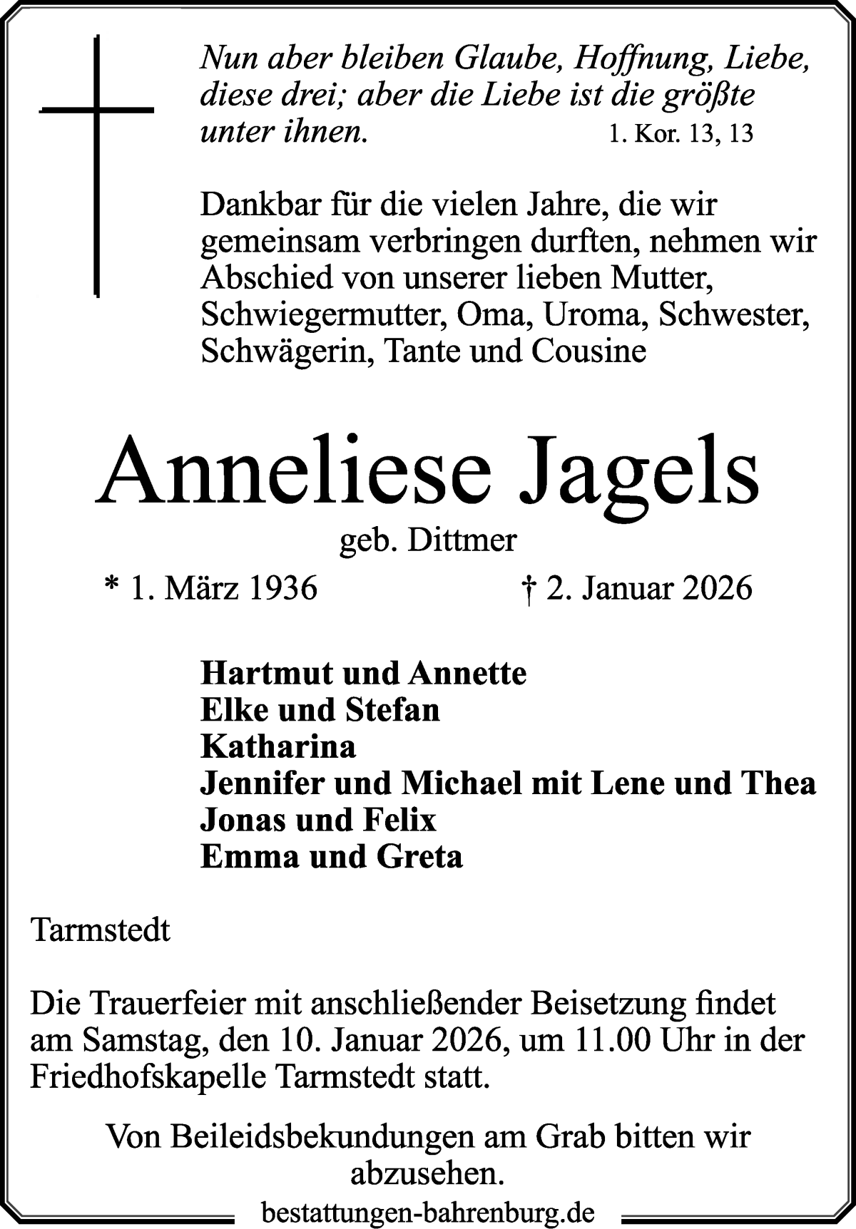 Traueranzeige von Anneliese Jagels von Wuemme Zeitung