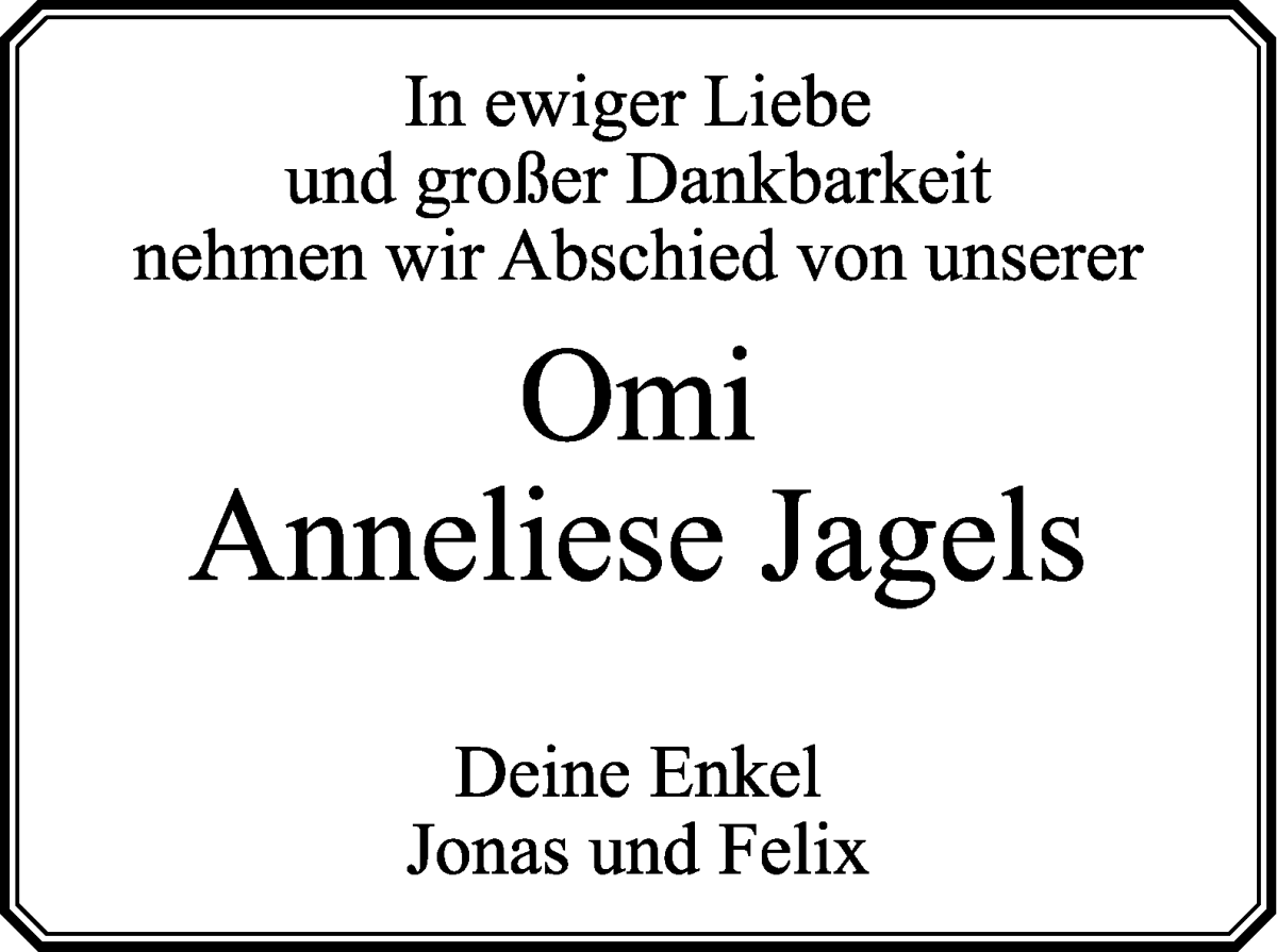 Traueranzeige von Anneliese Jagels von Wuemme Zeitung