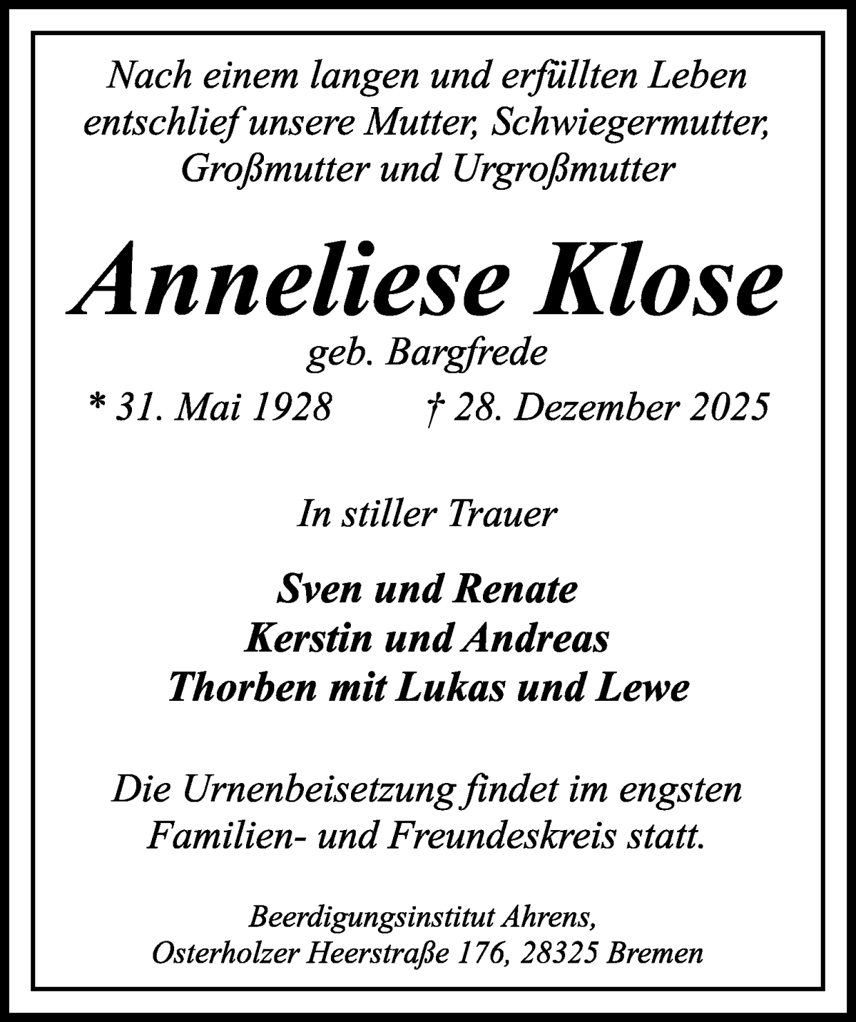 Traueranzeige von Anneliese Klose von WESER-KURIER