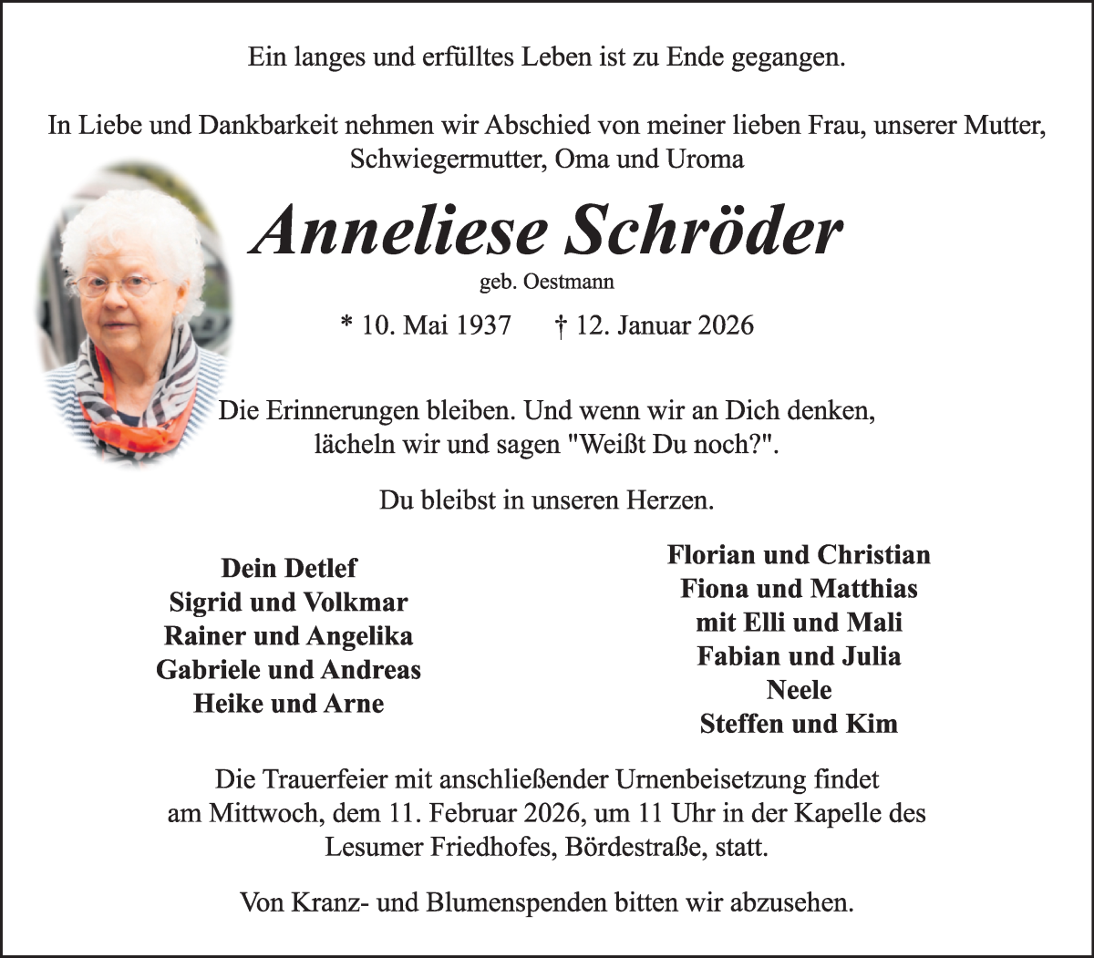 Traueranzeige von Anneliese Schröder von Die Norddeutsche