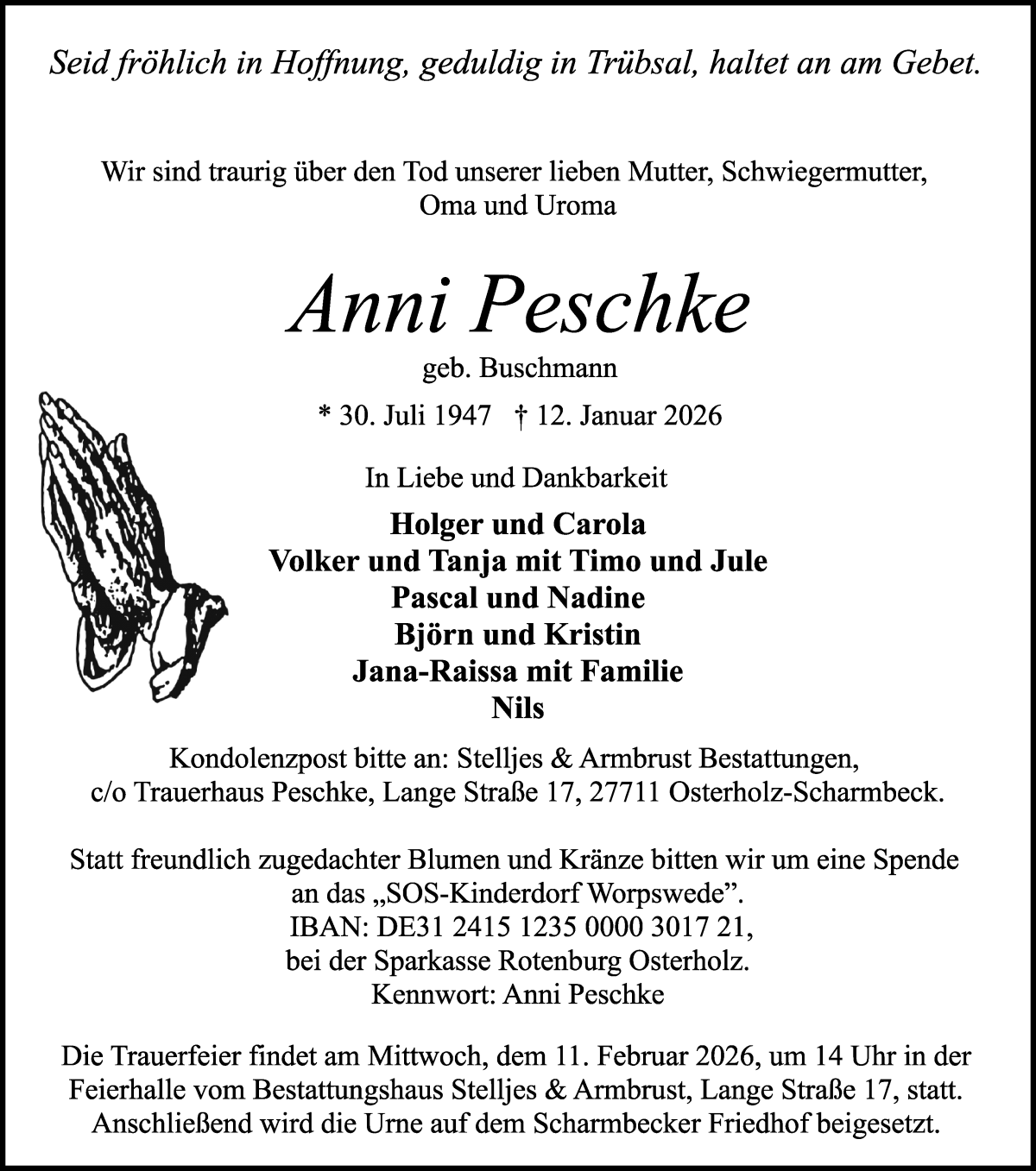Traueranzeige von Anni Peschke von Osterholzer Kreisblatt