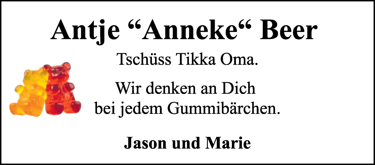 Traueranzeige von Antje Beer von Osterholzer Kreisblatt