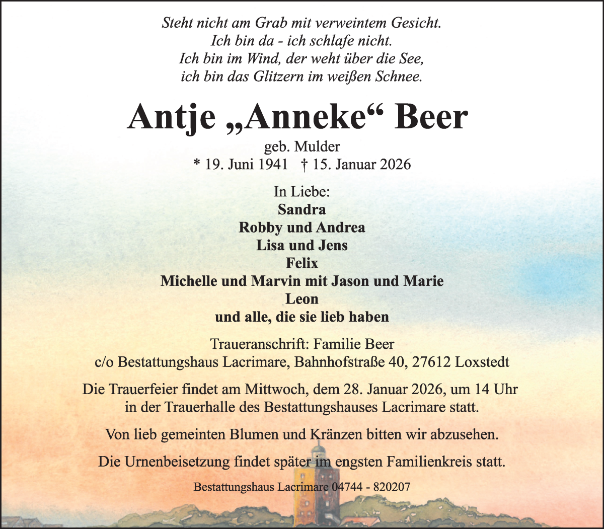 Traueranzeige von Antje Beer von Osterholzer Kreisblatt