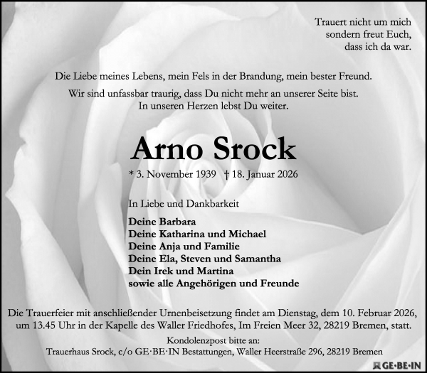 Traueranzeige von Arno Srock von WESER-KURIER