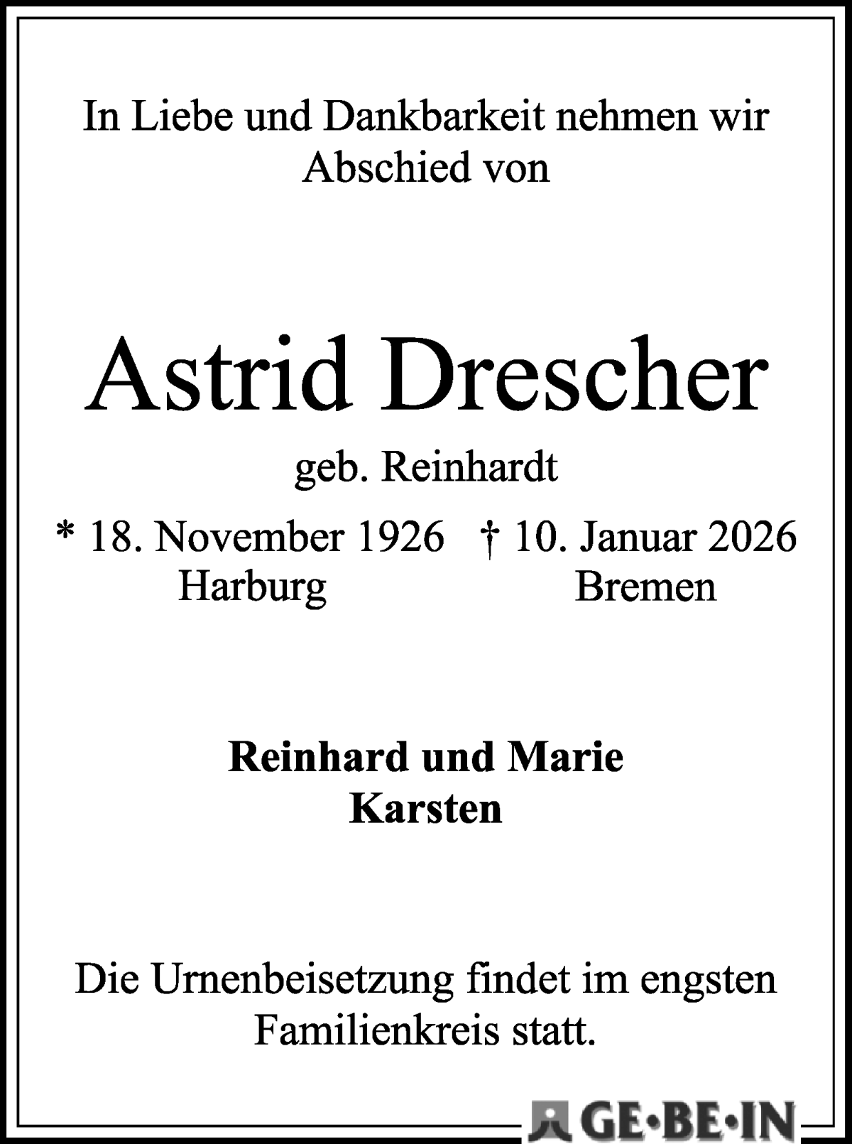 Traueranzeige von Astrid Drescher von WESER-KURIER