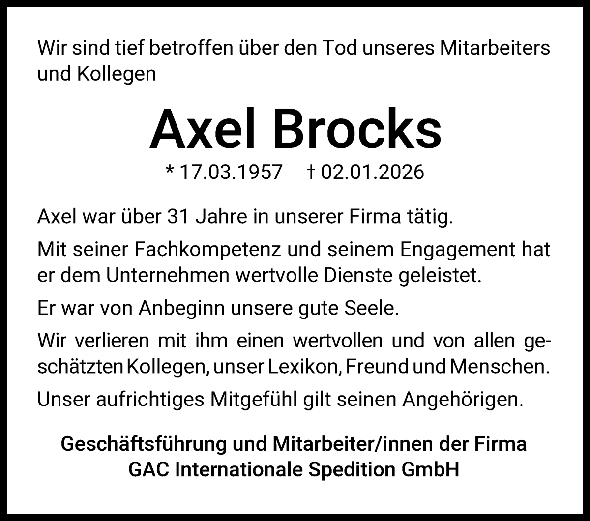 Traueranzeige von Axel Brocks von WESER-KURIER