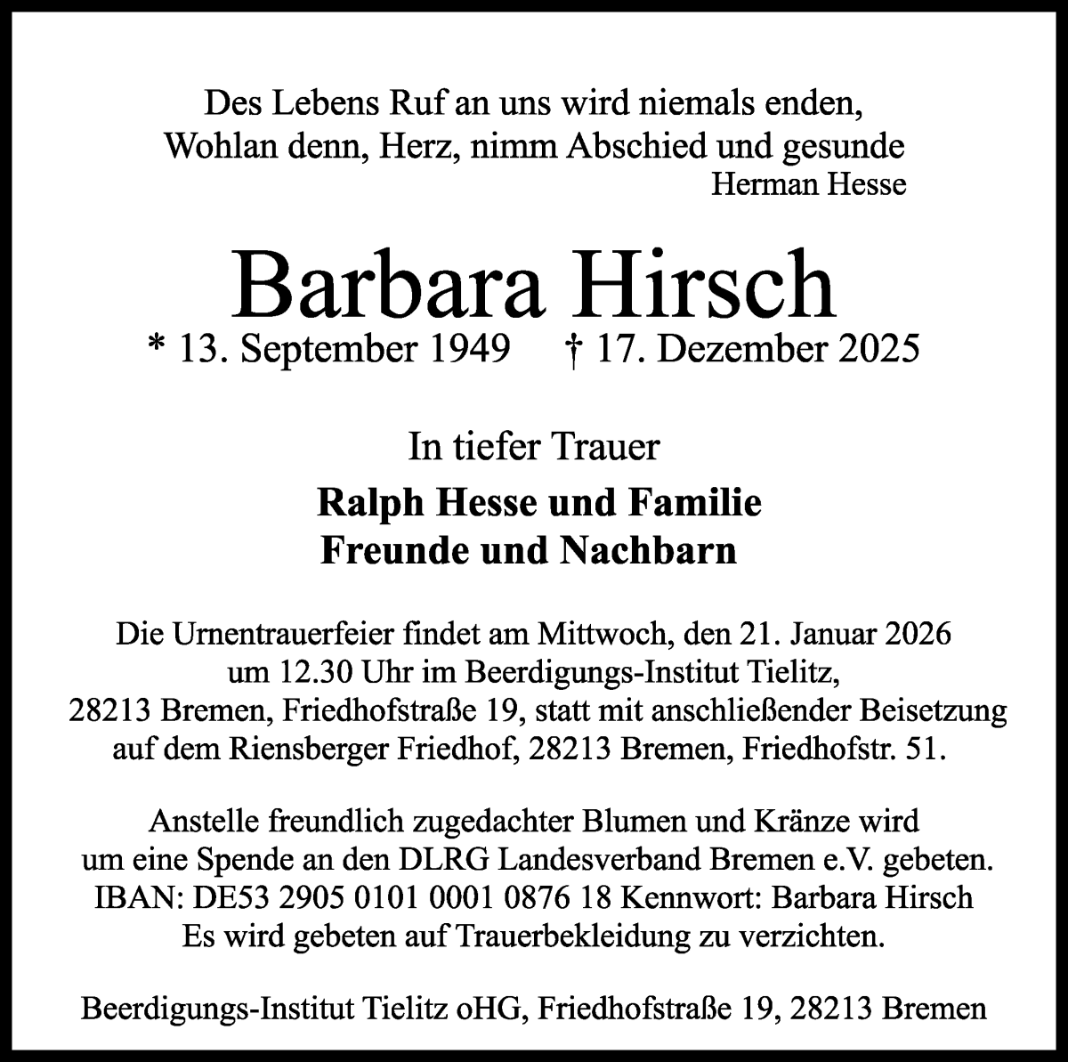  Traueranzeige für Barbara Hirsch vom 10.01.2026 aus WESER-KURIER
