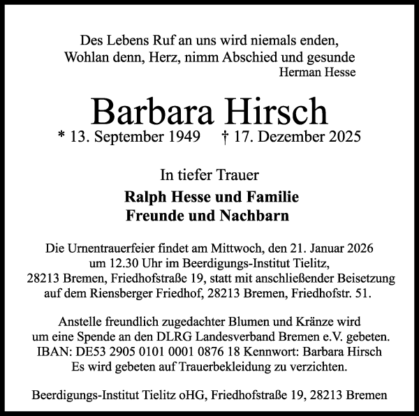 Traueranzeige von Barbara Hirsch von WESER-KURIER