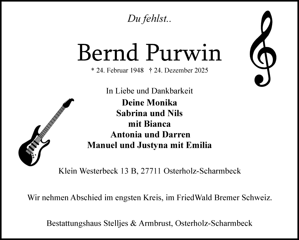 Traueranzeige von Bernd Purwin von Osterholzer Kreisblatt