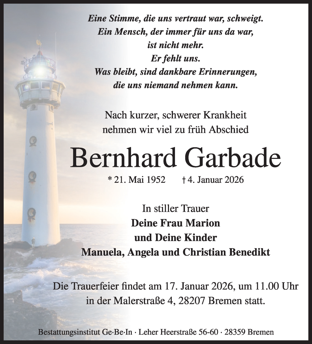 Traueranzeige von Bernhard Garbade von Wuemme Zeitung